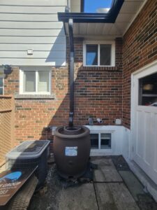 rain barrel setup with overflow hose near foundation