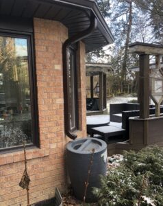 downspout redirected into rain barrel near patio area